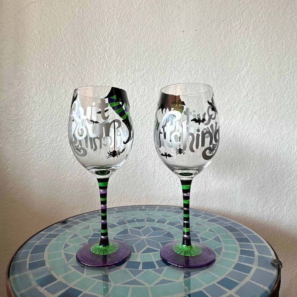 Set of 2 quit your witching Hand painted wine glasses Halloween